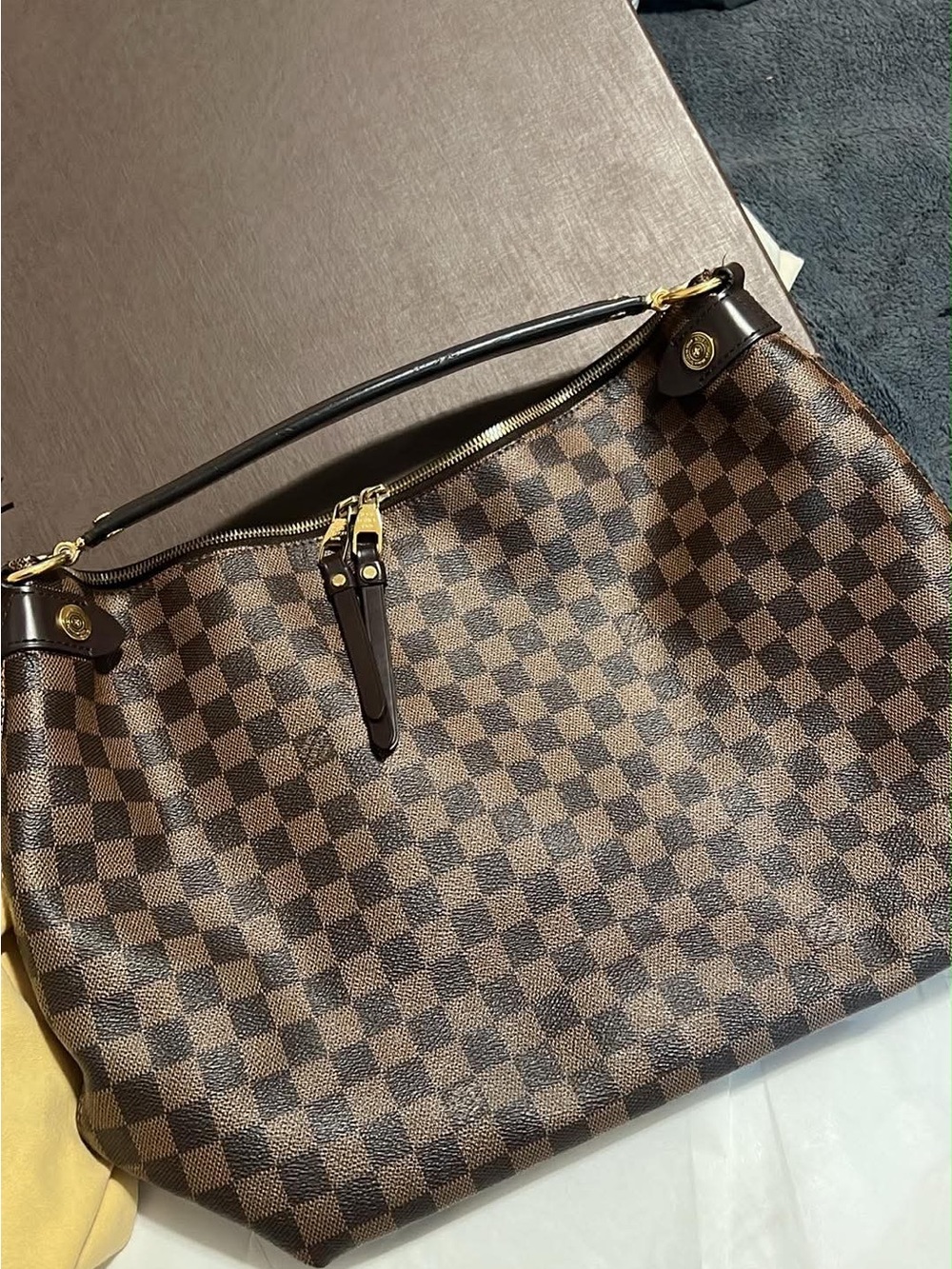 Louis Vuitton Brown Damier Ebene Shoulder Hobo Bag with Gold Hardware
